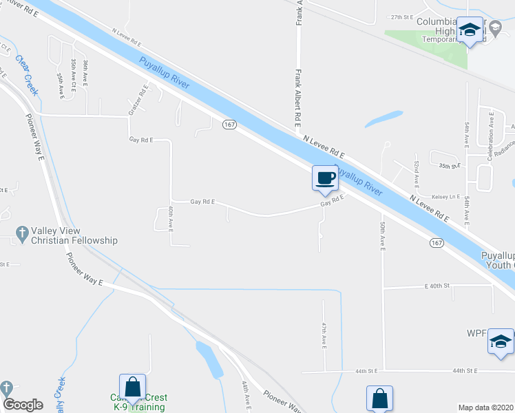 map of restaurants, bars, coffee shops, grocery stores, and more near 4402 Gay Road East in Tacoma