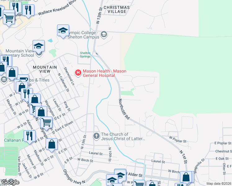 map of restaurants, bars, coffee shops, grocery stores, and more near 1513 Northcliff Road in Shelton