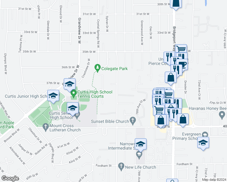 map of restaurants, bars, coffee shops, grocery stores, and more near 3704 Sunset Drive West in University Place