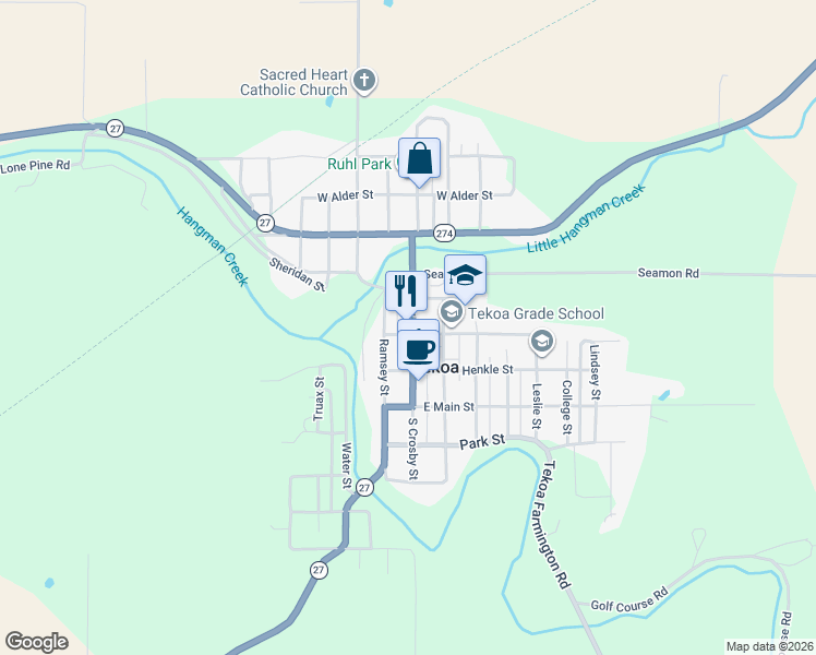map of restaurants, bars, coffee shops, grocery stores, and more near 205 North Crosby Street in Tekoa