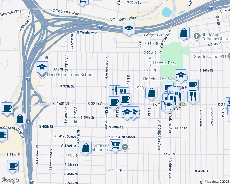 map of restaurants, bars, coffee shops, grocery stores, and more near 3706 South M Street in Tacoma