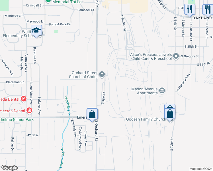 map of restaurants, bars, coffee shops, grocery stores, and more near 3731 South Orchard Street in Tacoma