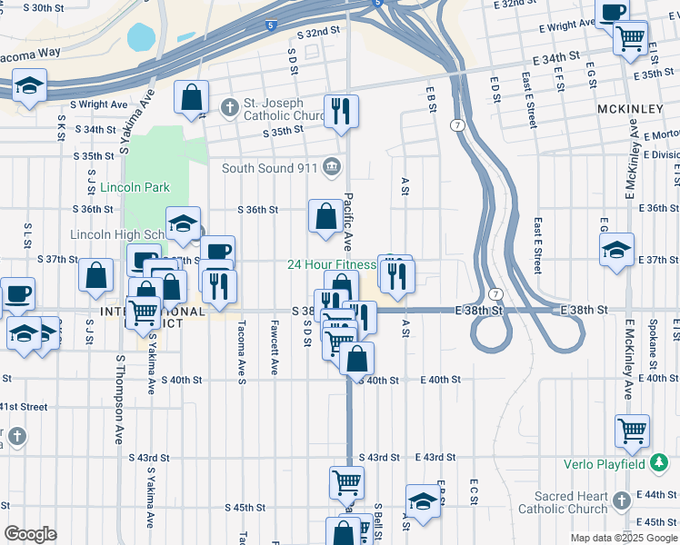 map of restaurants, bars, coffee shops, grocery stores, and more near 3716 Pacific Avenue in Tacoma