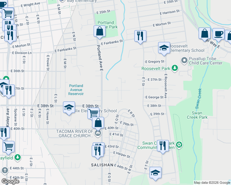 map of restaurants, bars, coffee shops, grocery stores, and more near 1620 East Columbia Avenue in Tacoma