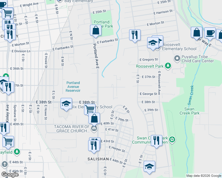 map of restaurants, bars, coffee shops, grocery stores, and more near 1620 East Columbia Avenue in Tacoma