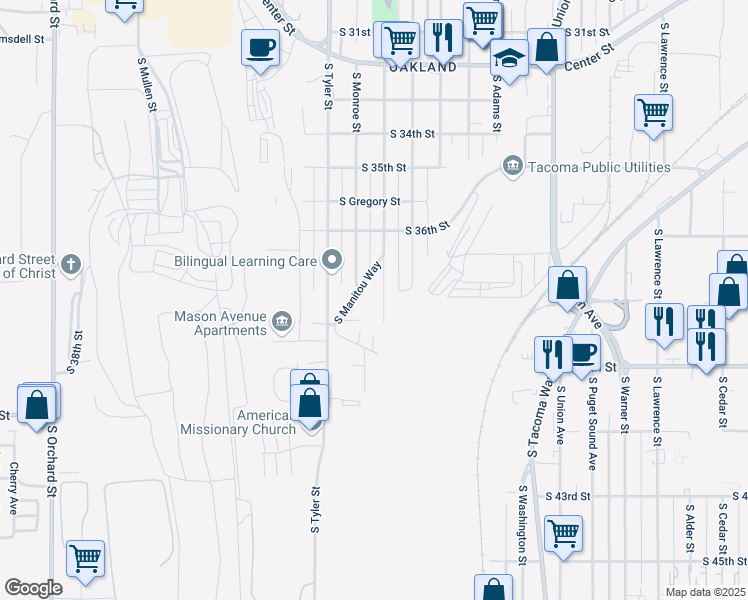 map of restaurants, bars, coffee shops, grocery stores, and more near 3702 South Gunnison Street in Tacoma