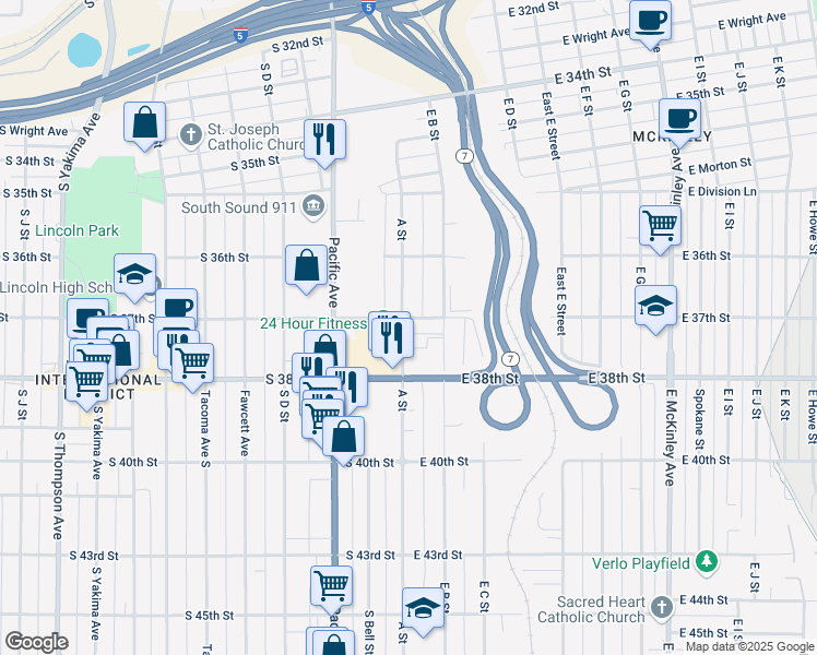 map of restaurants, bars, coffee shops, grocery stores, and more near 3701 A Street in Tacoma