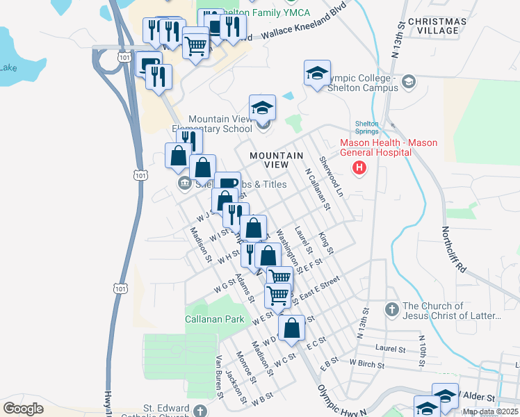 map of restaurants, bars, coffee shops, grocery stores, and more near 222 East I Street in Shelton