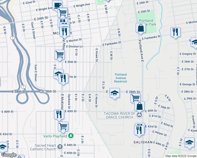 map of restaurants, bars, coffee shops, grocery stores, and more near 3701 East Howe Street in Tacoma