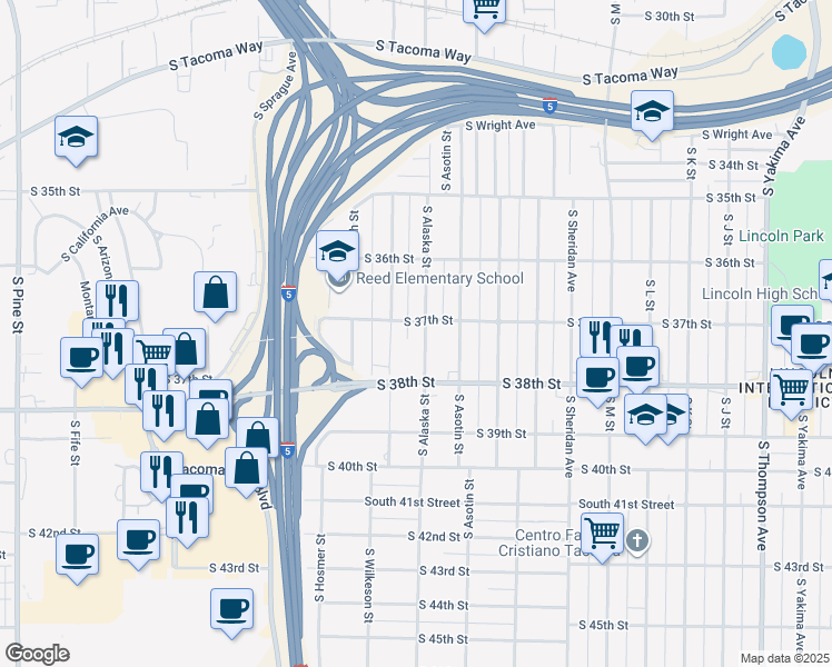 map of restaurants, bars, coffee shops, grocery stores, and more near 3706 South Alaska Street in Tacoma