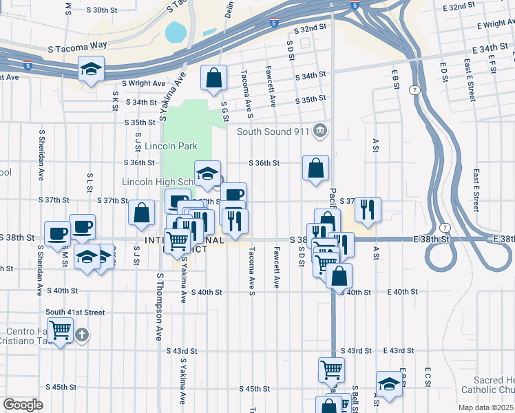 map of restaurants, bars, coffee shops, grocery stores, and more near 3701 Tacoma Avenue South in Tacoma