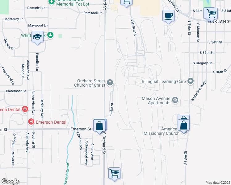 map of restaurants, bars, coffee shops, grocery stores, and more near 3731 South Orchard Street in Tacoma