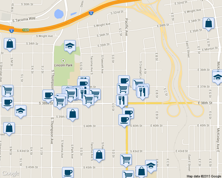 map of restaurants, bars, coffee shops, grocery stores, and more near 3702 South D Street in Tacoma