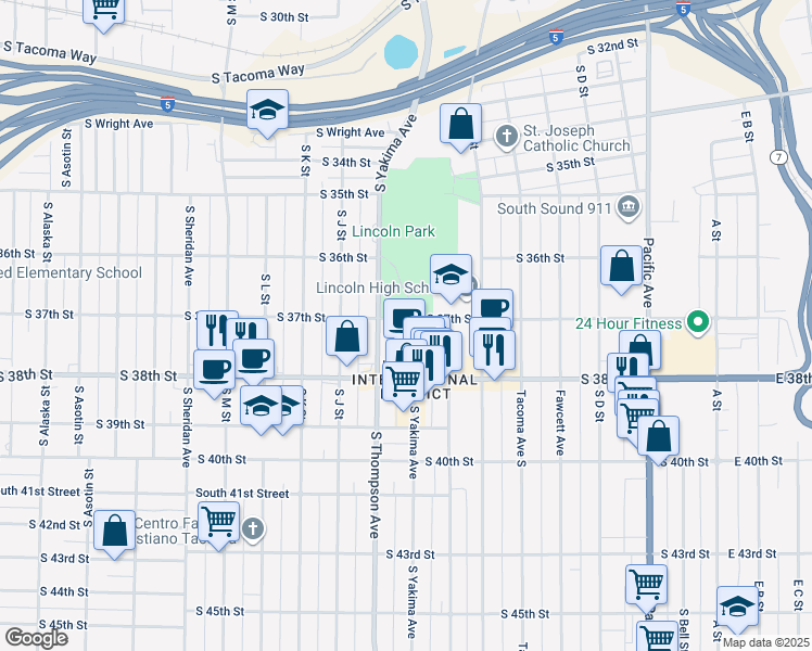 map of restaurants, bars, coffee shops, grocery stores, and more near 3704 South Yakima Avenue in Tacoma