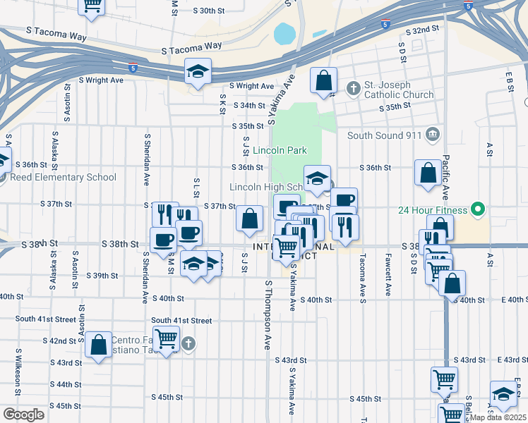 map of restaurants, bars, coffee shops, grocery stores, and more near 3702 South Thompson Avenue in Tacoma