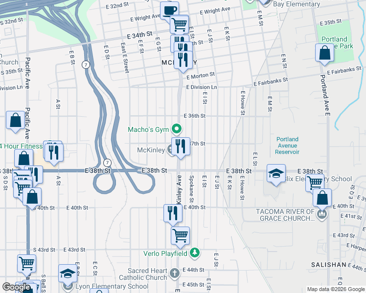 map of restaurants, bars, coffee shops, grocery stores, and more near None in Tacoma
