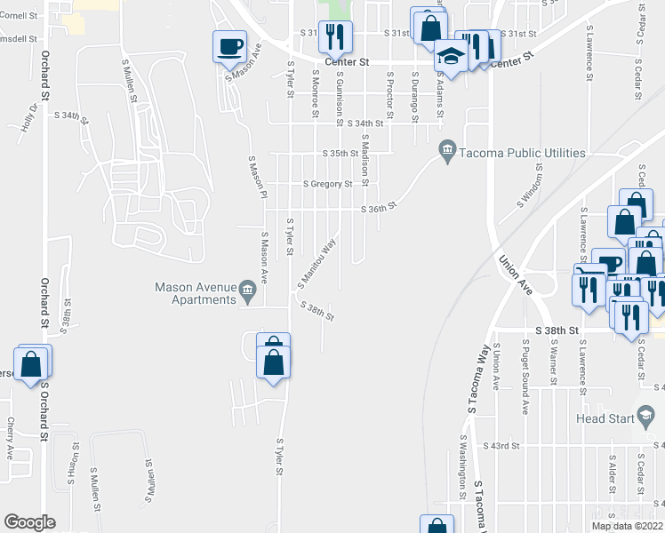 map of restaurants, bars, coffee shops, grocery stores, and more near 3702 South Gunnison Street in Tacoma