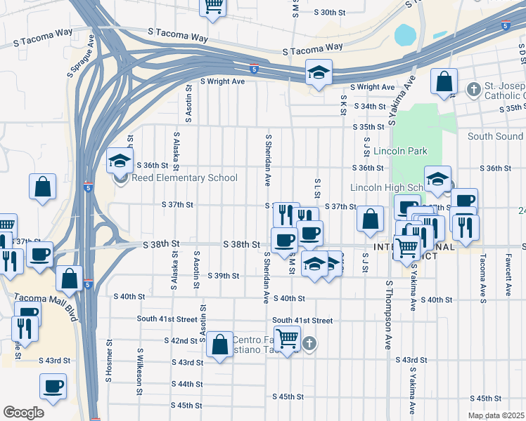 map of restaurants, bars, coffee shops, grocery stores, and more near 1402 South 37th Street in Tacoma