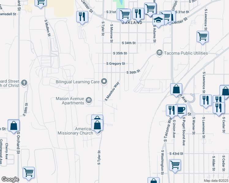 map of restaurants, bars, coffee shops, grocery stores, and more near 3701-3703 South Manitou Way in Tacoma