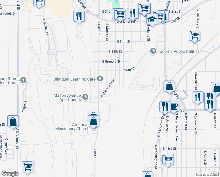 map of restaurants, bars, coffee shops, grocery stores, and more near 3703 South Manitou Way in Tacoma