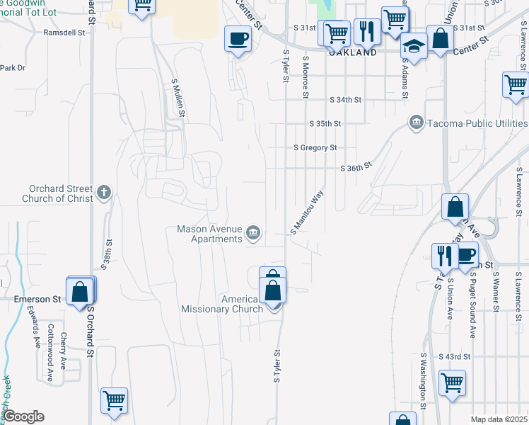 map of restaurants, bars, coffee shops, grocery stores, and more near 3704 South Mason Avenue in Tacoma