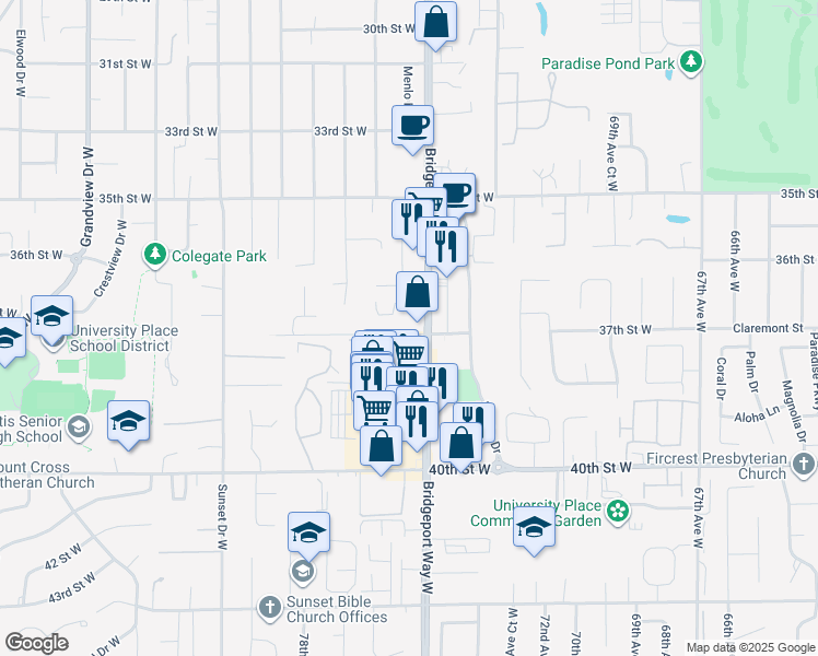 map of restaurants, bars, coffee shops, grocery stores, and more near 7521 37th Street West in University Place