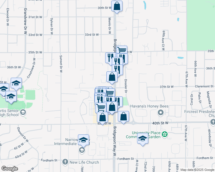 map of restaurants, bars, coffee shops, grocery stores, and more near 7521 37th Street West in University Place