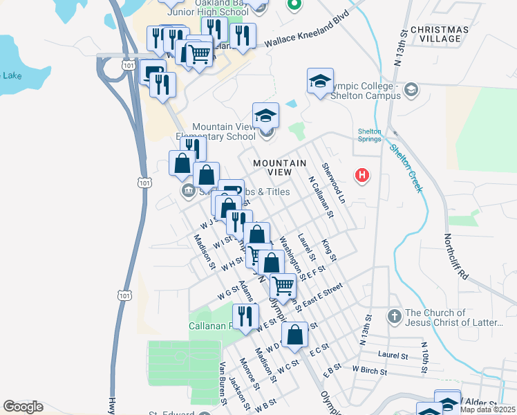 map of restaurants, bars, coffee shops, grocery stores, and more near 222 East I Street in Shelton