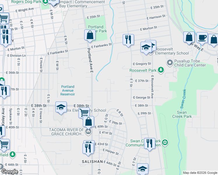 map of restaurants, bars, coffee shops, grocery stores, and more near 1810 East Columbia Avenue in Tacoma