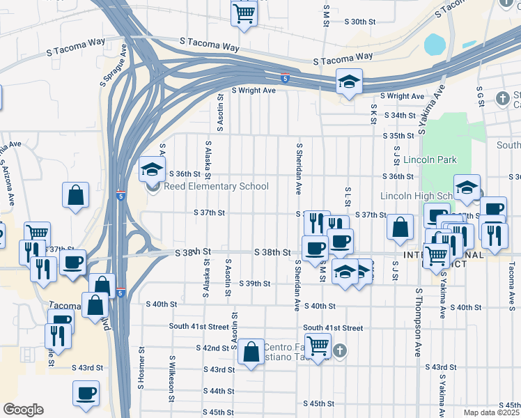 map of restaurants, bars, coffee shops, grocery stores, and more near 3706 South Cushman Avenue in Tacoma