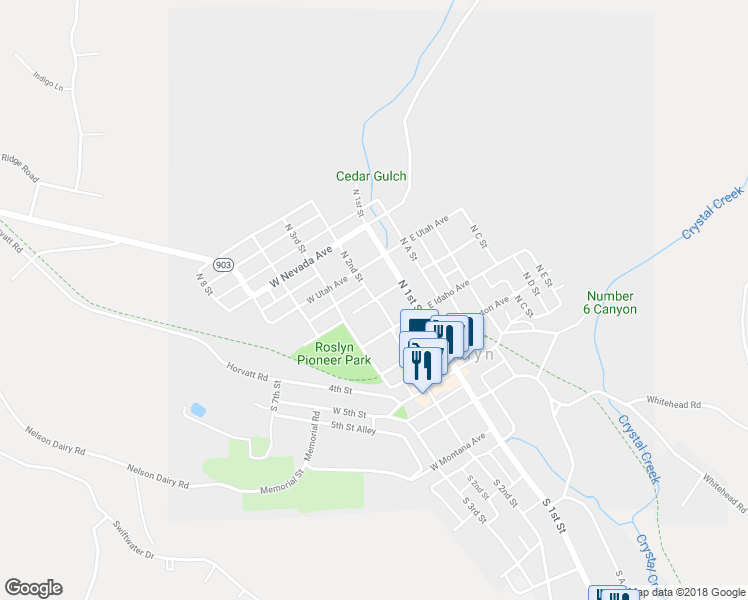 map of restaurants, bars, coffee shops, grocery stores, and more near North 2nd Street in Roslyn