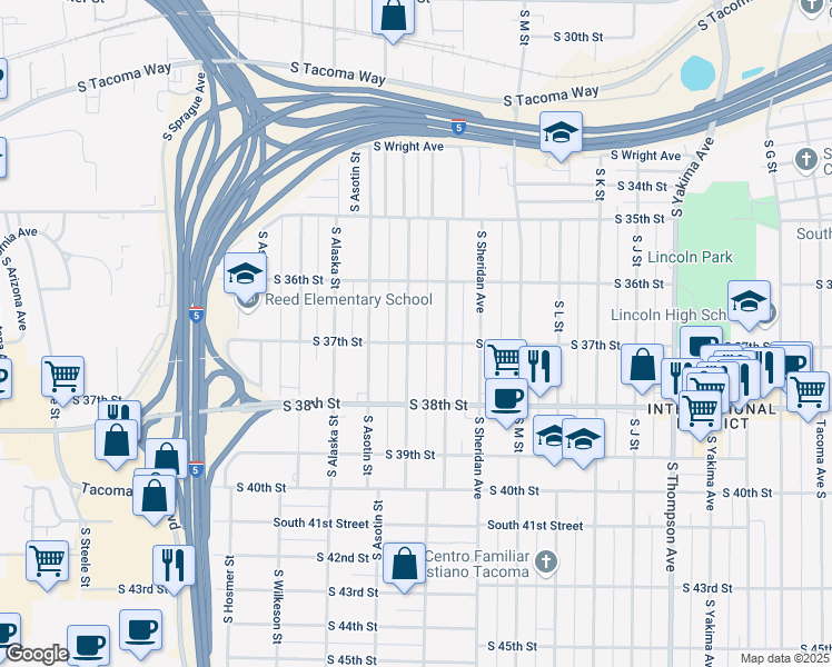 map of restaurants, bars, coffee shops, grocery stores, and more near 3706 South Cushman Avenue in Tacoma