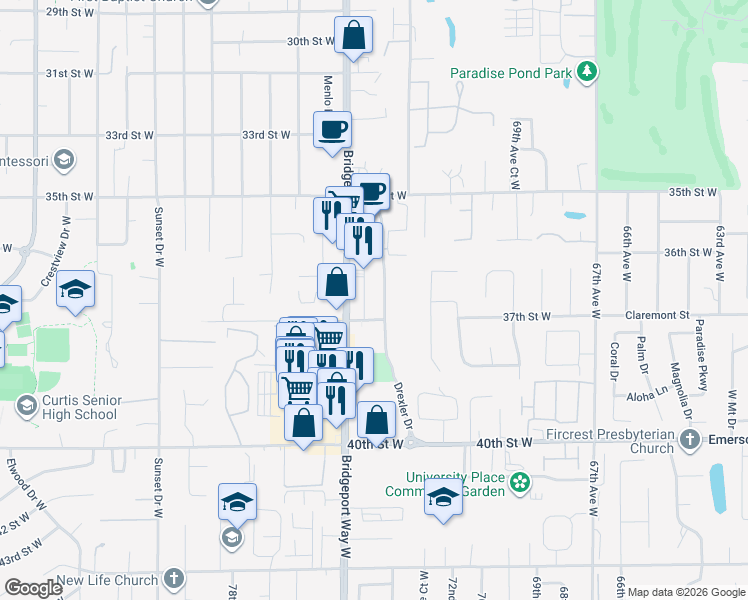 map of restaurants, bars, coffee shops, grocery stores, and more near 3633 Market Place West in University Place