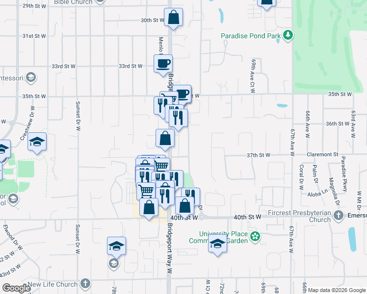 map of restaurants, bars, coffee shops, grocery stores, and more near 3633 Market Place West in University Place