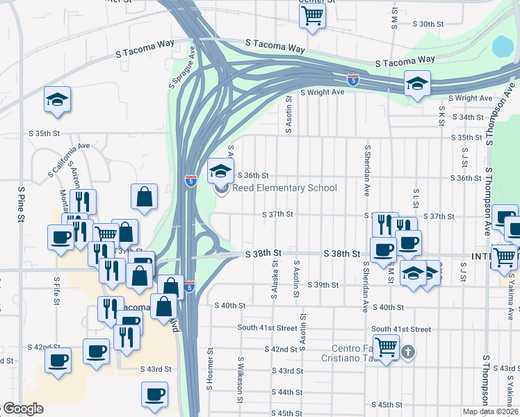 map of restaurants, bars, coffee shops, grocery stores, and more near 1711 South 37th Street in Tacoma