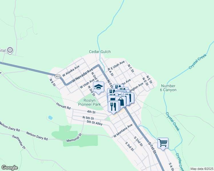 map of restaurants, bars, coffee shops, grocery stores, and more near 301 North 2nd Street in Roslyn