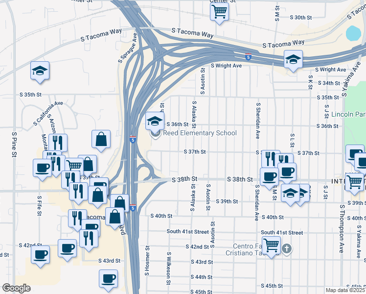 map of restaurants, bars, coffee shops, grocery stores, and more near 3706 South Alaska Street in Tacoma