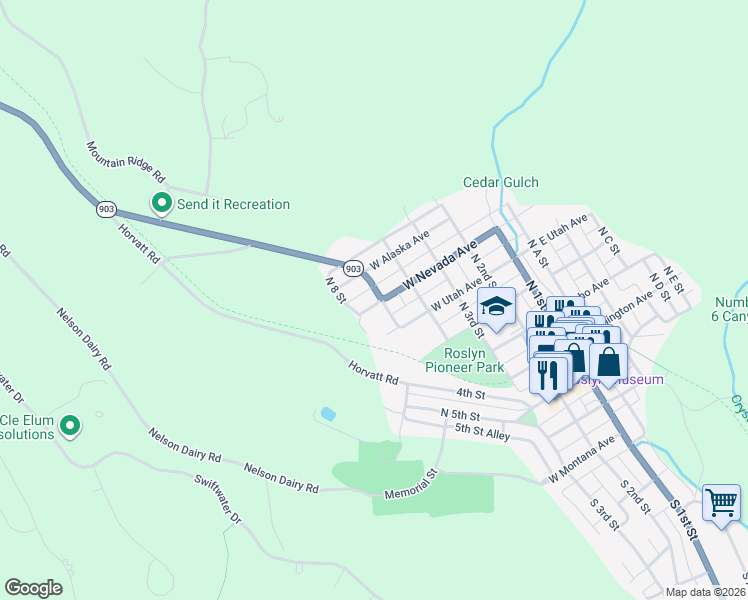 map of restaurants, bars, coffee shops, grocery stores, and more near 501 West Nevada Avenue in Roslyn