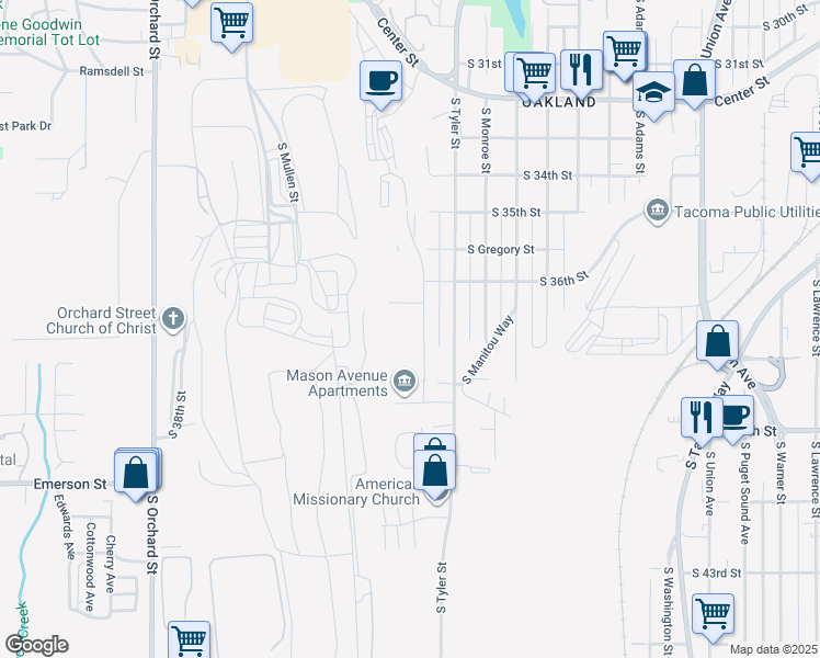 map of restaurants, bars, coffee shops, grocery stores, and more near 3704 South Mason Avenue in Tacoma