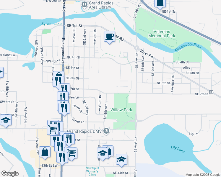map of restaurants, bars, coffee shops, grocery stores, and more near 401 Southeast 7th Street in Grand Rapids