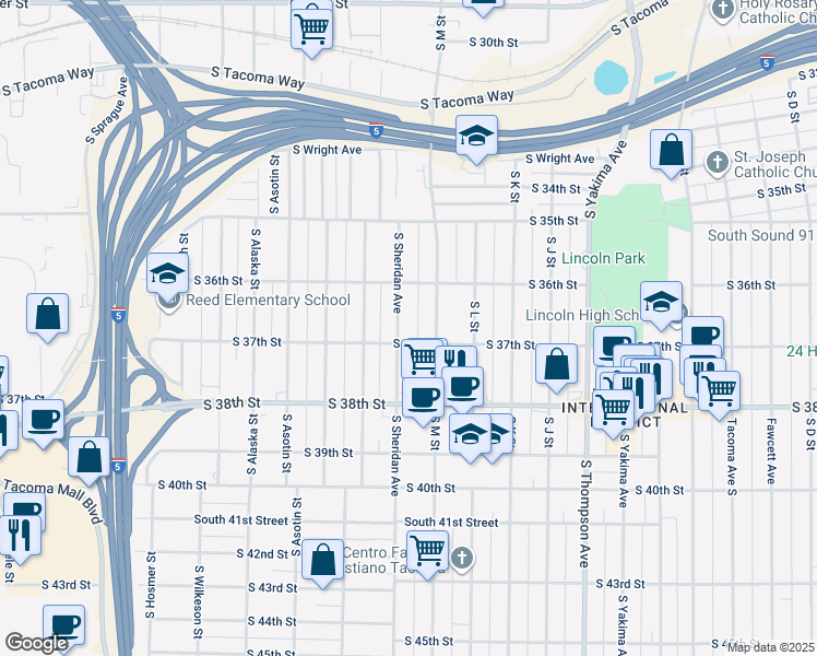 map of restaurants, bars, coffee shops, grocery stores, and more near 1402 South 37th Street in Tacoma