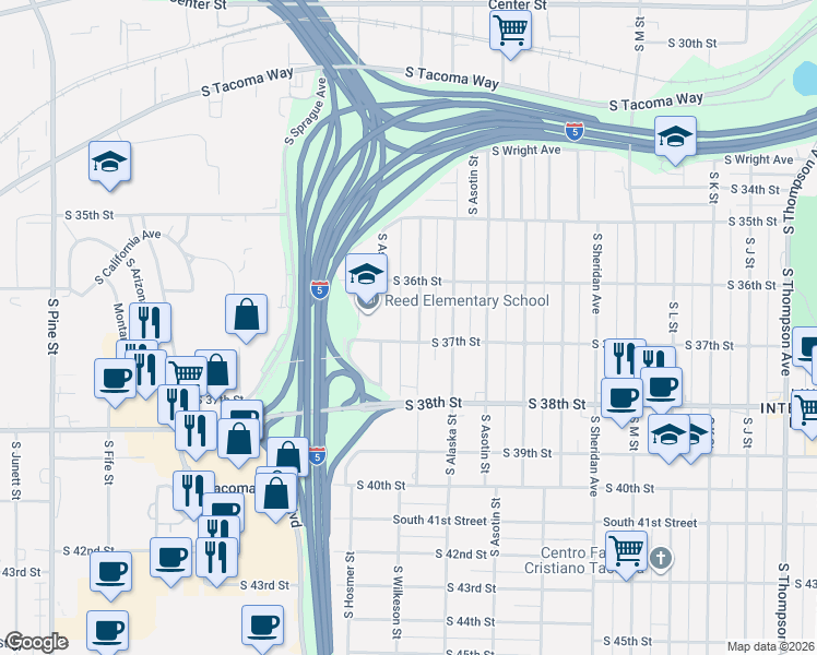 map of restaurants, bars, coffee shops, grocery stores, and more near 1766 South 37th Street in Tacoma
