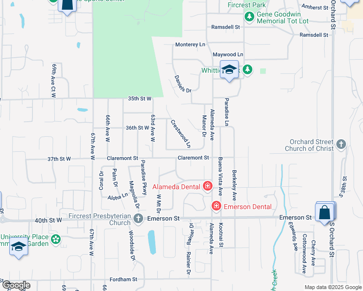 map of restaurants, bars, coffee shops, grocery stores, and more near 1012 Crestwood Lane in Fircrest