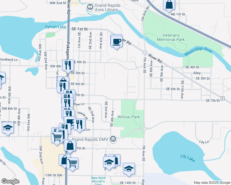 map of restaurants, bars, coffee shops, grocery stores, and more near 401 Southeast 7th Street in Grand Rapids