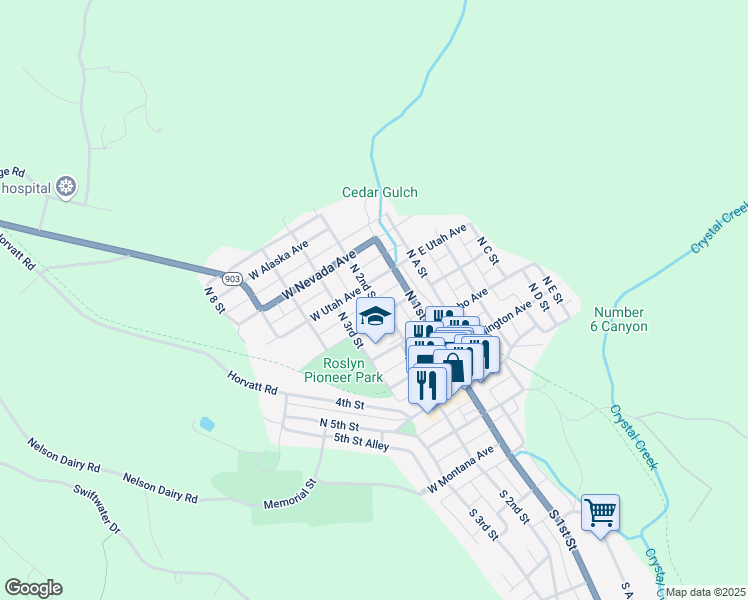 map of restaurants, bars, coffee shops, grocery stores, and more near North 2nd Street in Roslyn