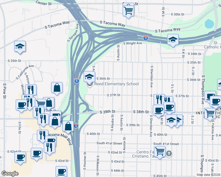 map of restaurants, bars, coffee shops, grocery stores, and more near 3606 South Alaska Street in Tacoma