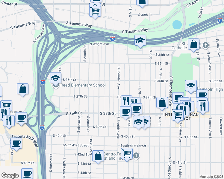 map of restaurants, bars, coffee shops, grocery stores, and more near 3608 South Sheridan Avenue in Tacoma