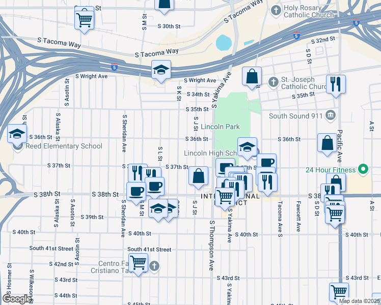 map of restaurants, bars, coffee shops, grocery stores, and more near in Tacoma