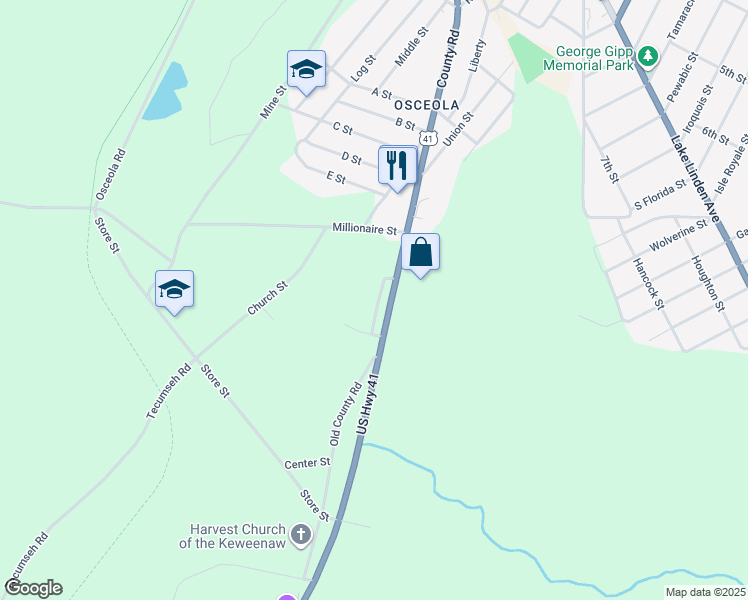 map of restaurants, bars, coffee shops, grocery stores, and more near E Street in Houghton County