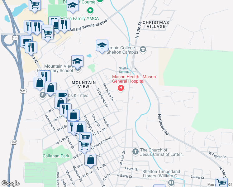 map of restaurants, bars, coffee shops, grocery stores, and more near 901 Mountain View Drive in Shelton